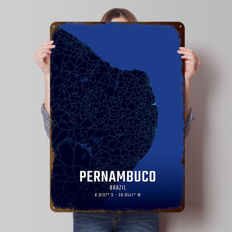 Custom Map Poster - Pernambuco Gece Yarısı Şehir Haritası Metal